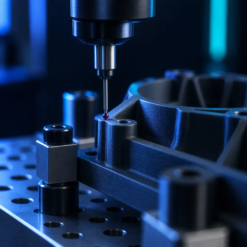 Macro photo of a coordinate measuring machine probe touching the surface of a printed plastic part held in a fixture, blue light