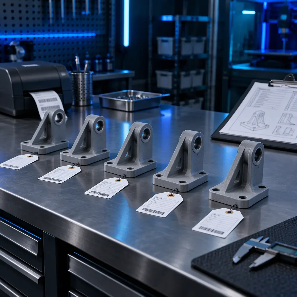 Row of five identical grey 3D printed brackets on a dark steel table with an inspection clipboard, cool lighting