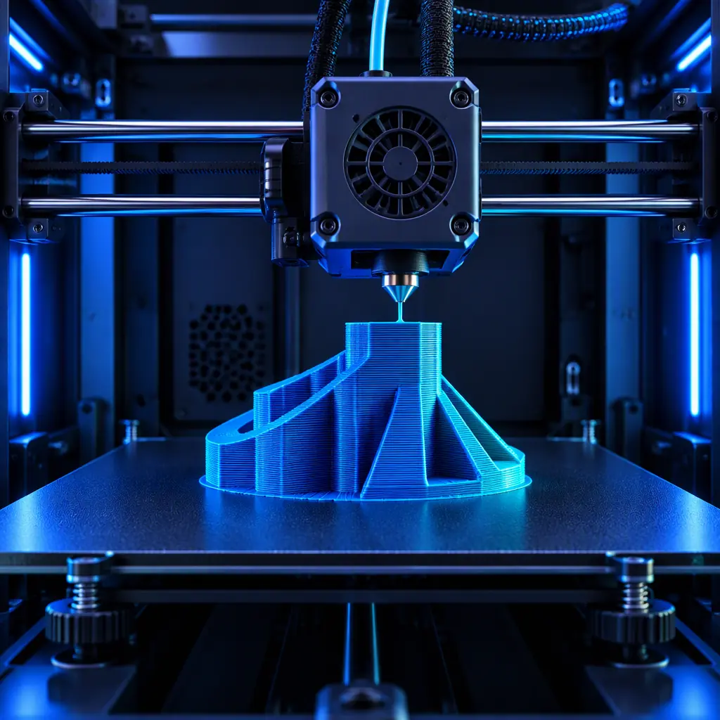 Inside a 3D printer with a partially completed build on the plate and the nozzle depositing material, crisp layer lines, electric blue LED light