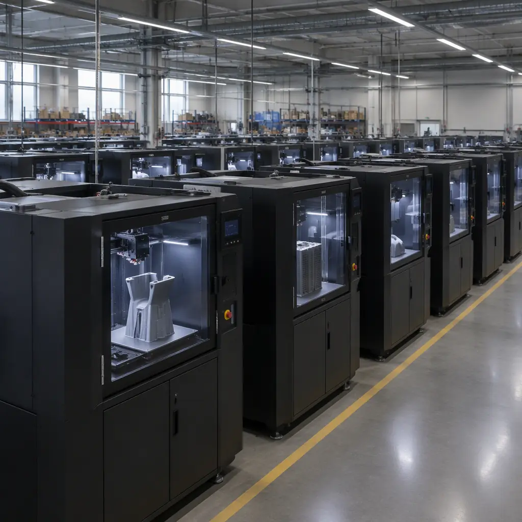 Photograph of a rack of identical 3D printers in a print farm running simultaneously, each with a different part on the plate, under even workshop lighting