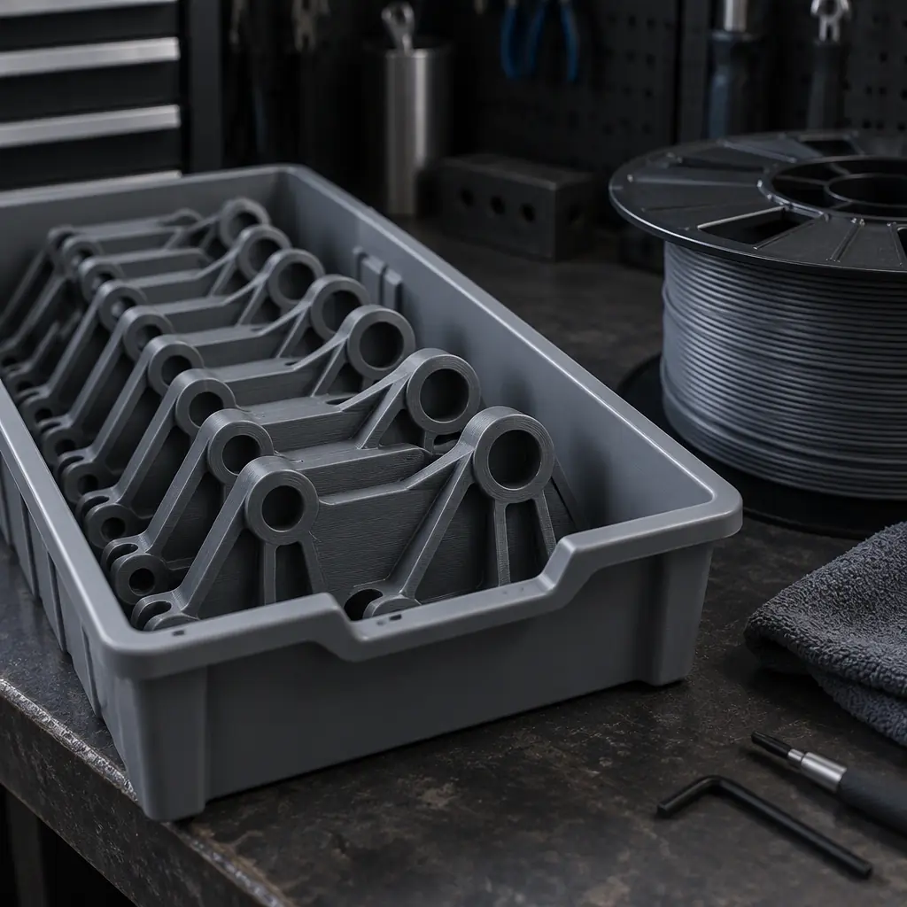 Photograph of a stack of finished identical 3D printed parts in a grey tray beside a filament spool on a workshop bench