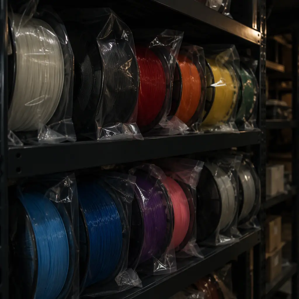 Photograph of a storage rack holding many sealed filament spools in different colours under moody industrial lighting