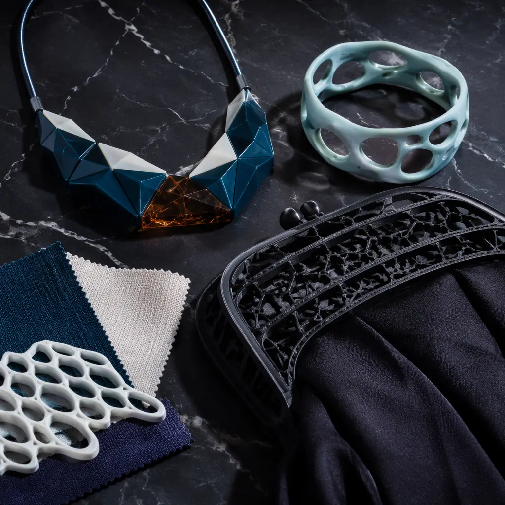Close-up studio macro photo of a 3D-printed TPU footwear midsole with visible lattice structure, cross-section showing variable density zones, shot on a dark reflective surface with dramatic lighting highlighting the geometric pattern