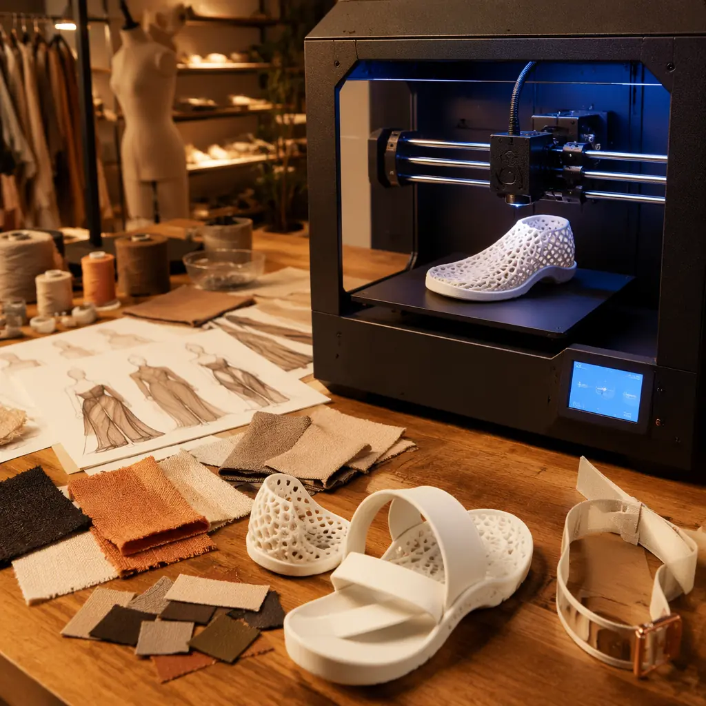 Professional studio shot of various 3D-printed fashion accessories on a dark marble surface: a geometric resin necklace, a flexible TPU bracelet, a nylon SLS clutch frame, and fabric swatches with 3D-printed structural elements integrated, dramatic side lighting