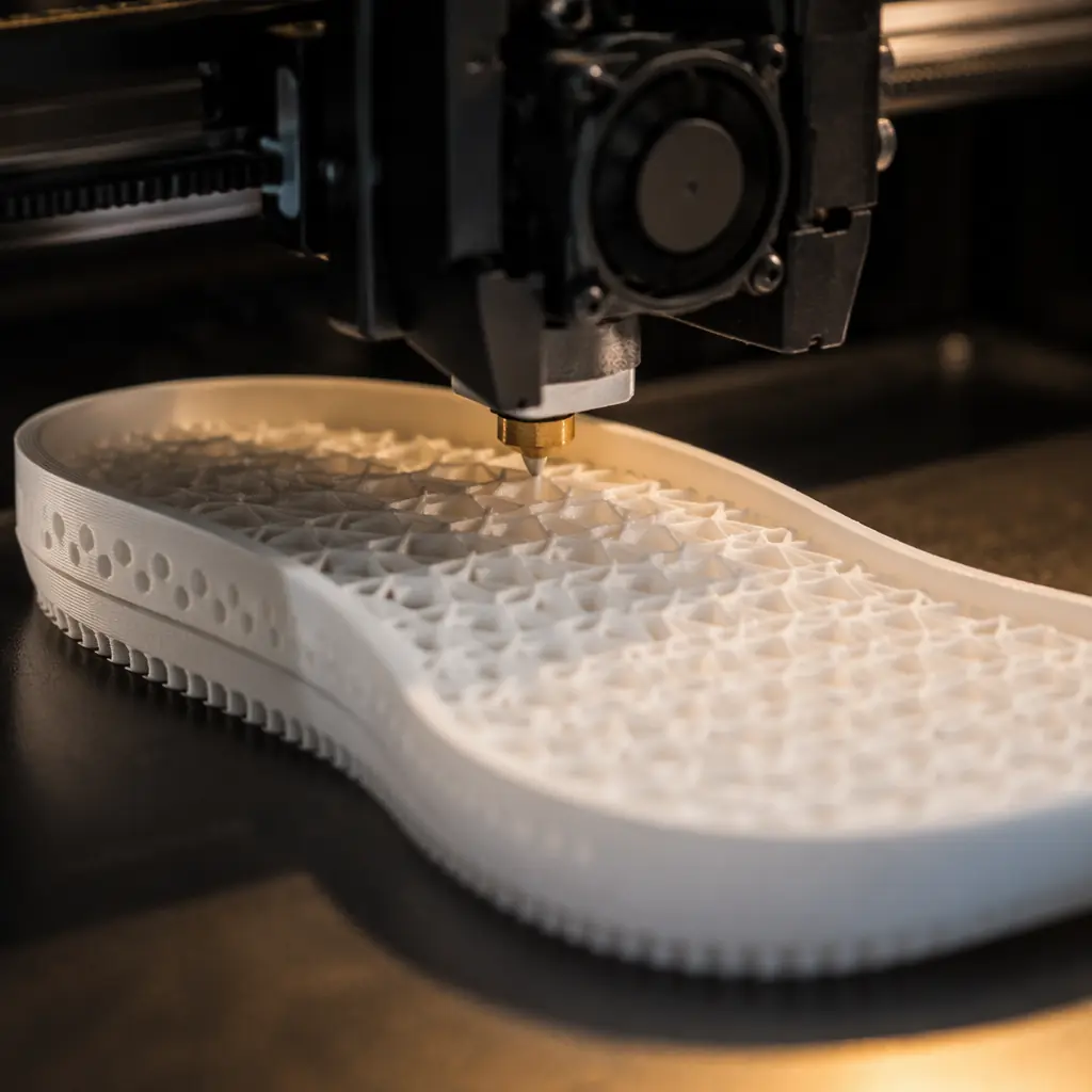 Photorealistic scene of a fashion designer's studio workspace with a desktop 3D printer printing a flexible TPU shoe component, surrounded by fabric swatches, design sketches, and completed fashion accessories on a well-lit wooden table