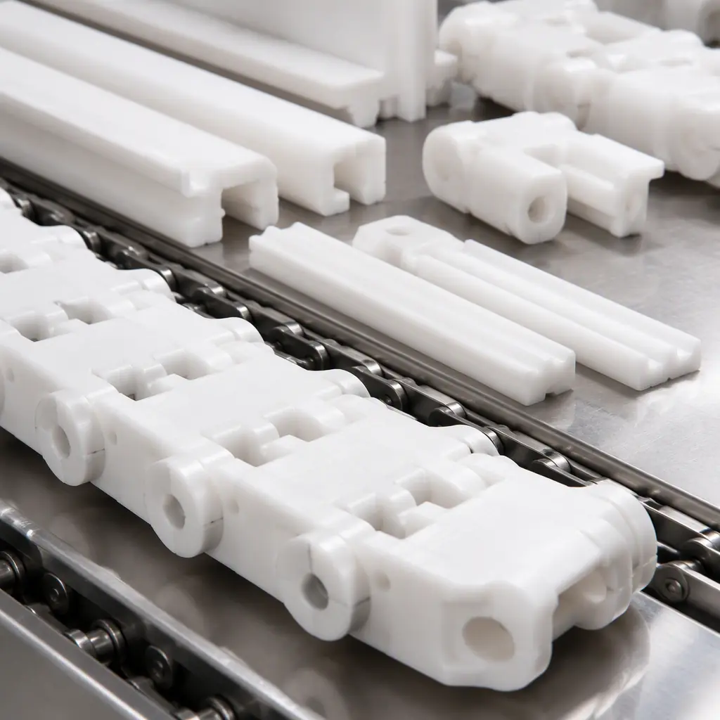 White food-grade 3D printed conveyor chain links and wear strips on a stainless steel food processing line