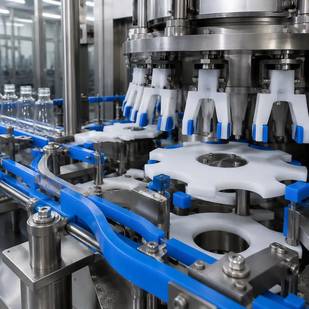 3D printed quick-change star wheels, guide rails and gripper fingers mounted on a stainless steel filler turret