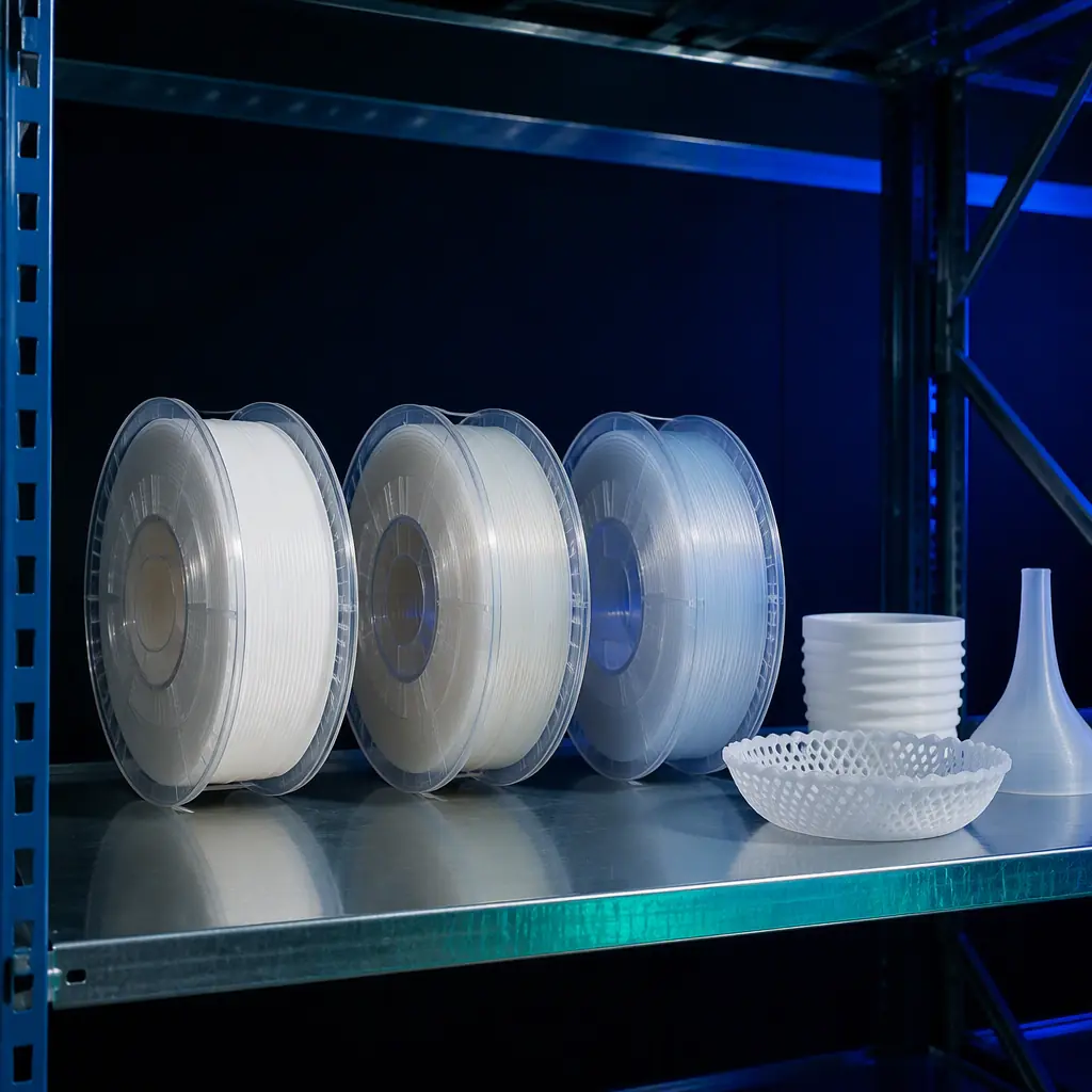 Spools of food-grade POM, PETG and PP filament on an industrial shelf with printed food-safe parts