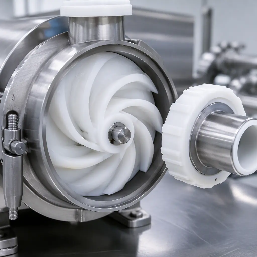 3D printed hygienic pump impeller and pipe fittings in white POM on a stainless steel pump housing