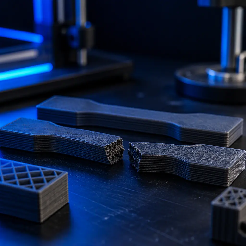Macro close-up of FDM printed test coupons with visible layer lines under directional lighting, one coupon fractured across layers showing the weak Z-axis failure plane, engineering lab bench, photorealistic, no people, no text, no logos