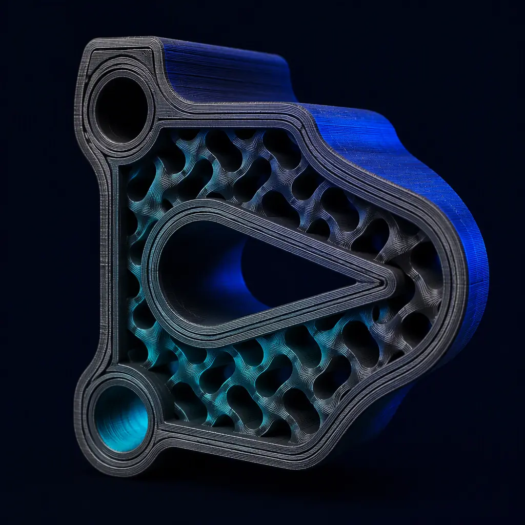 Photorealistic 3D cross-section render of an FDM printed part showing perimeter walls, gyroid infill core and a teardrop-shaped horizontal hole, distinct layer lines, deep navy background with electric blue accent lighting, no people, no text, no logos