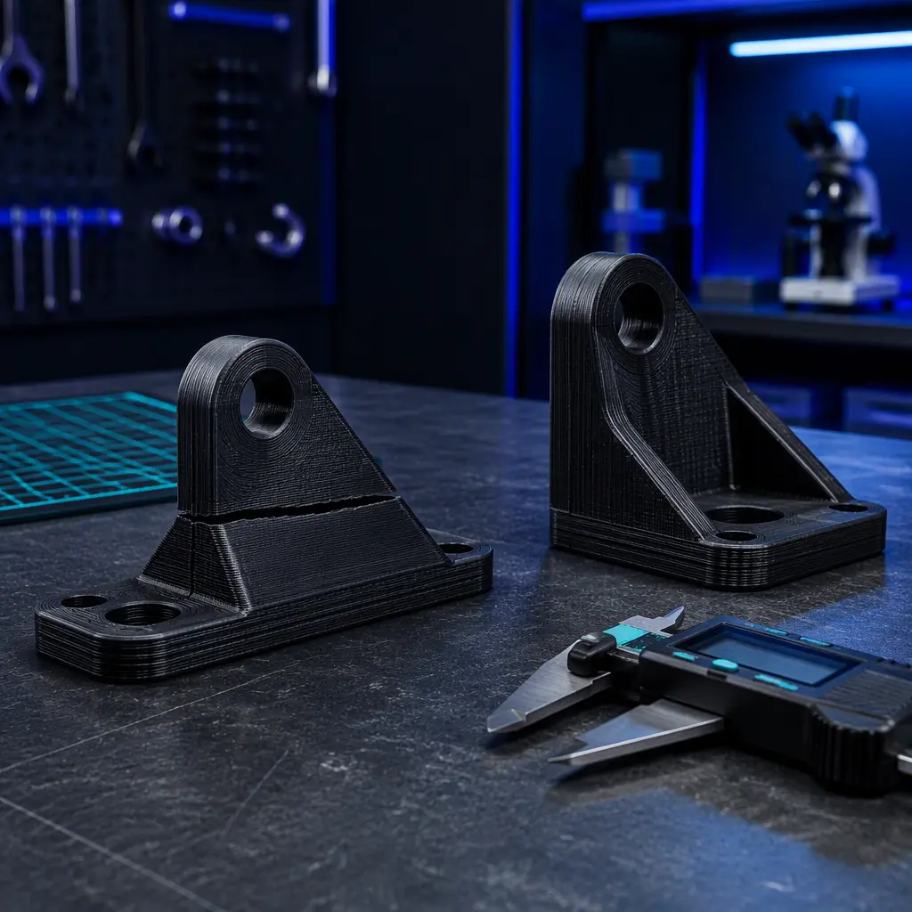 Two identical FDM printed brackets on a workbench, one printed flat with visible layer separation crack under load, one printed on its side intact, labeled test setup with calipers, engineering lab, photorealistic, no people, no text, no logos