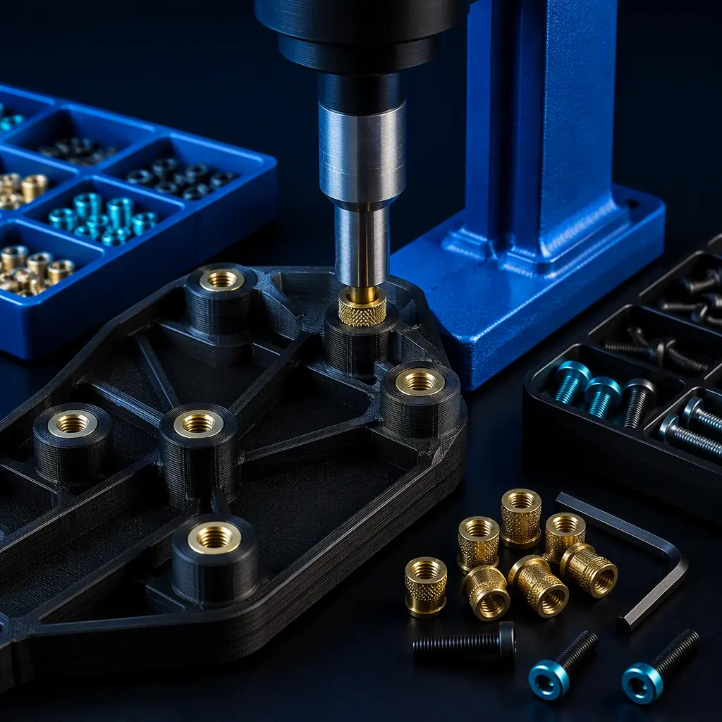 Heat-set brass inserts being pressed into 3D printed nylon bosses on a workbench, soldering iron insert tool and threaded fasteners visible, engineering assembly scene, photorealistic, no people, no text, no logos