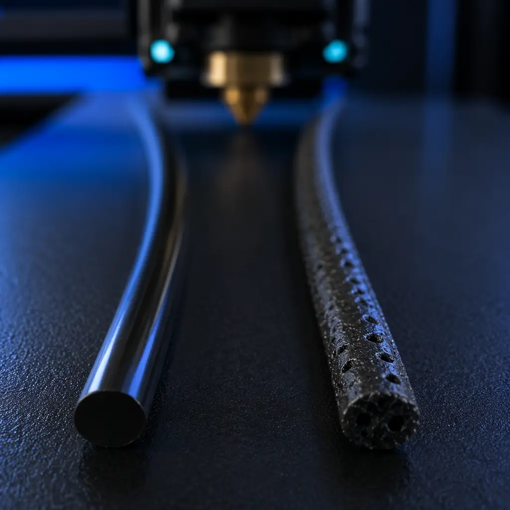 Macro close-up showing dry vs moisture-damaged PLA filament strands — surface bubbles and micro-cracks visible on wet sample
