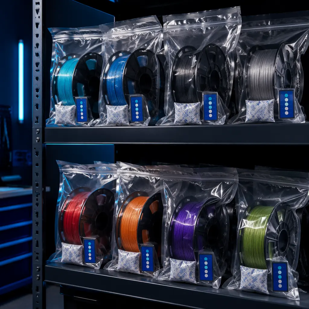 Vacuum-sealed filament bags with desiccant packets and moisture indicator cards on warehouse shelf