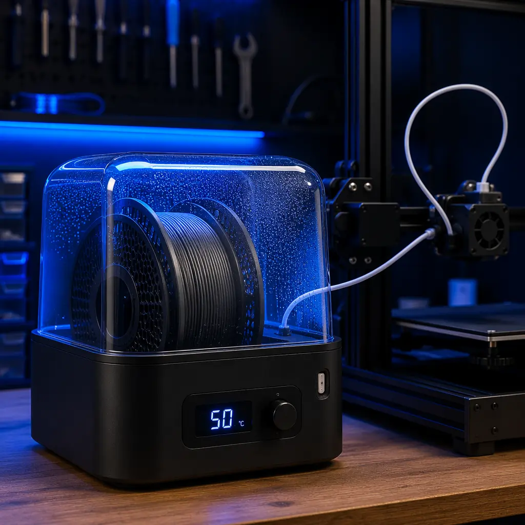 Filament dryer unit with clear lid, spool visible inside, temperature display showing 50°C, adjacent to 3D printer on workbench