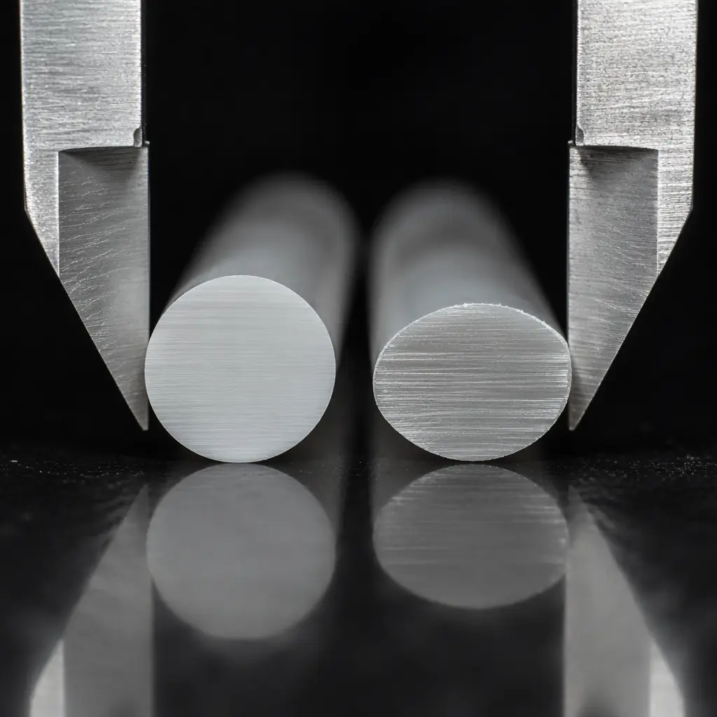 Close-up macro shot of digital calipers measuring 1.75mm 3D printer filament diameter on a clean white surface, precision measurement display visible, spool of filament in soft background focus