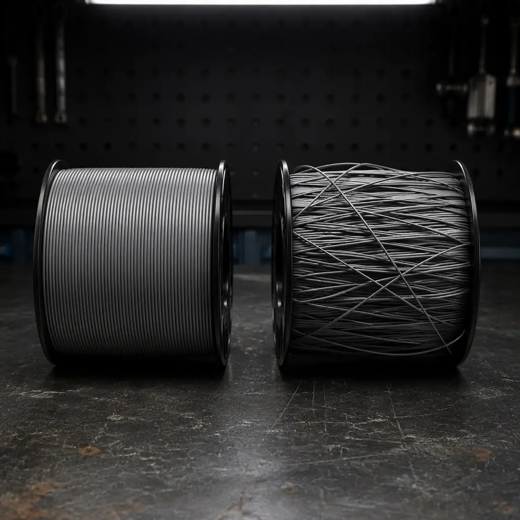 Macro close-up comparison of two 3D printer filament cross-sections side by side: perfectly round 1.75mm filament on left versus visibly oval cross-section on right, both on dark reflective surface, digital caliper measurement context