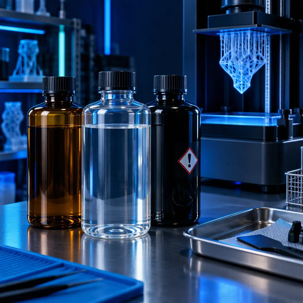 Macro studio shot of photopolymer resin bottles on a laboratory bench, amber and clear liquids, hazard diamonds visible on one label, cool blue rim light