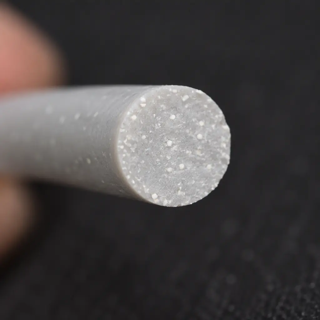 Macro photograph of the cut end of a mineral-filled 3D printer filament strand showing a chalky matte cross-section with fine white particles