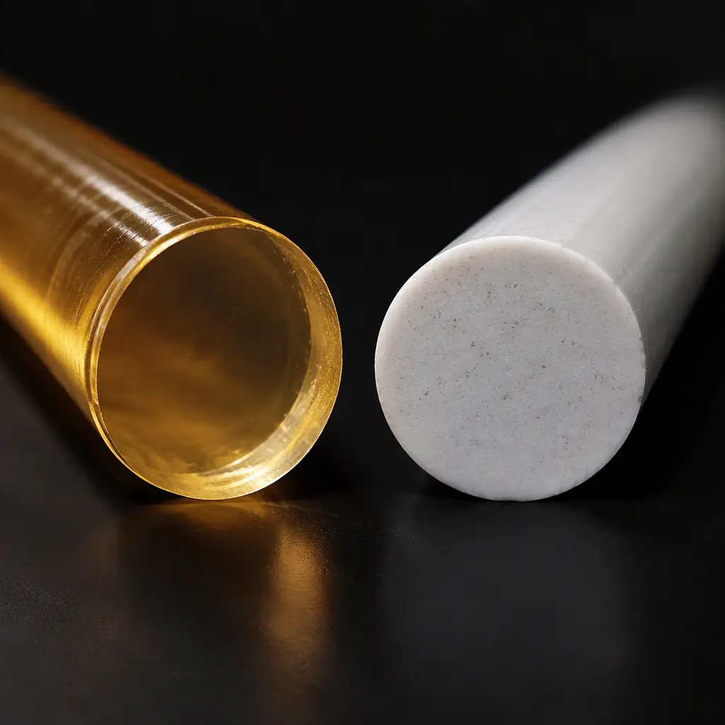Photorealistic 3D cross-section render comparing two extruded plastic strands, one clear amber unfilled polymer and one opaque whitish mineral-filled polymer