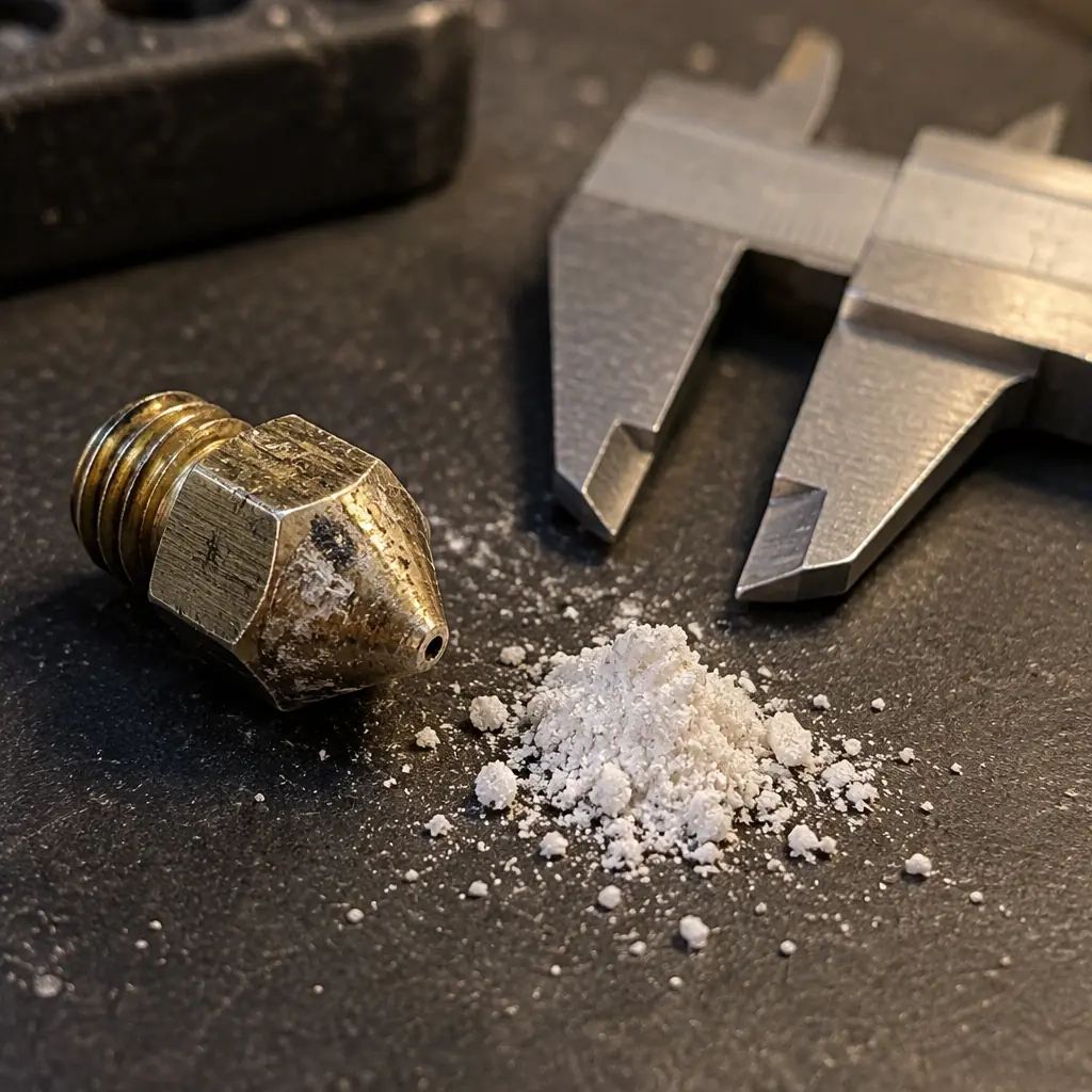 Photograph of a worn 3D printer brass nozzle on a dark workbench beside a heap of fine white chalky powder residue and a set of calipers