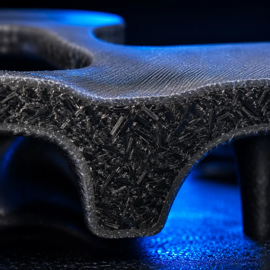 Macro close-up of 3D printed part surface showing carbon fiber strands visible in the polymer matrix, pearl-like matte texture, professional studio lighting