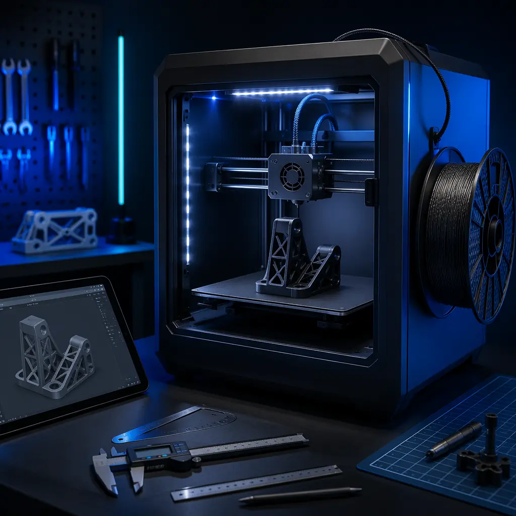 3D printer mid-print with carbon fiber filament, visible spool of matte black PLA-CF mounted on printer, LED-lit print chamber, engineering workspace setting
