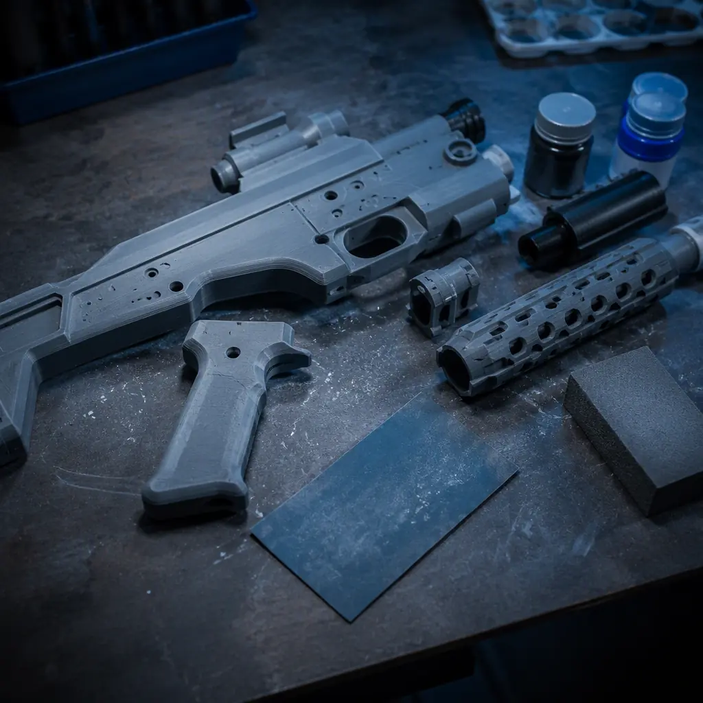Sci-fi prop parts being assembled on a prop workshop workbench, 3D printed rifle components in gray primer, paint booth in background, workshop lighting with cool blue tones, photorealistic, no people, no text, no logos