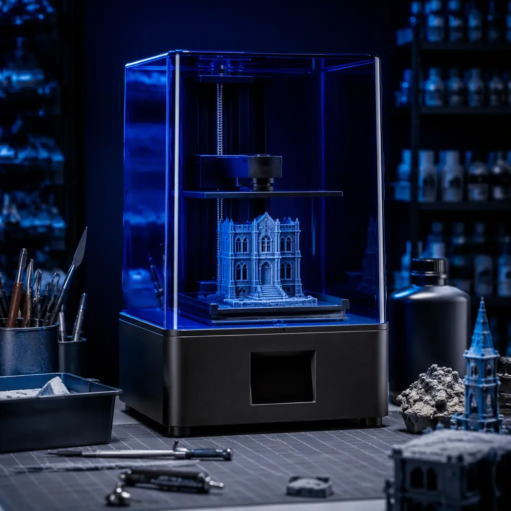 Resin 3D printer with UV cover producing a detailed miniature set model, printed miniature building on the build plate, modeling tools beside the printer, prop workshop environment, cool studio lighting, deep navy and teal tones, photorealistic
