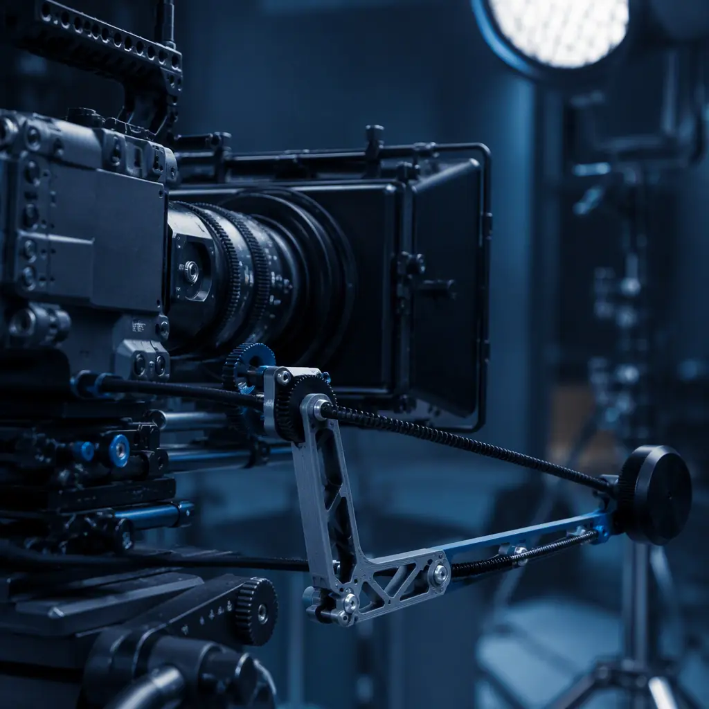 Camera rig with 3D printed mounting bracket and focus-puller arm attached to a cinema camera on a studio set, LED studio lights in background, professional cinematography equipment, cool blue tones, photorealistic, no people, no text, no logos