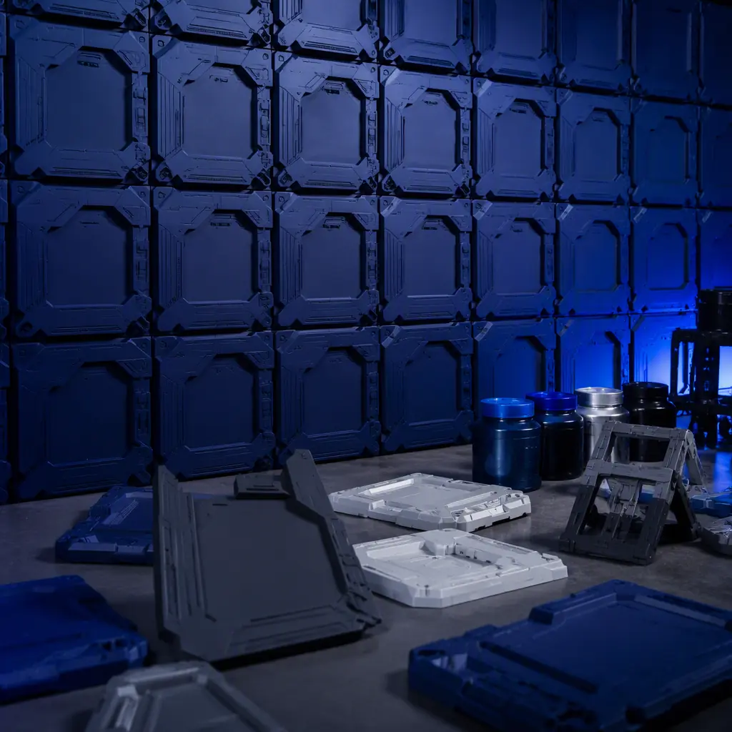 Set dressing wall with dozens of identical 3D printed futuristic panels and props installed on a studio set, printed parts in various stages of paint finish on a workbench in the foreground, studio lighting, deep navy and electric blue tones, photorealistic