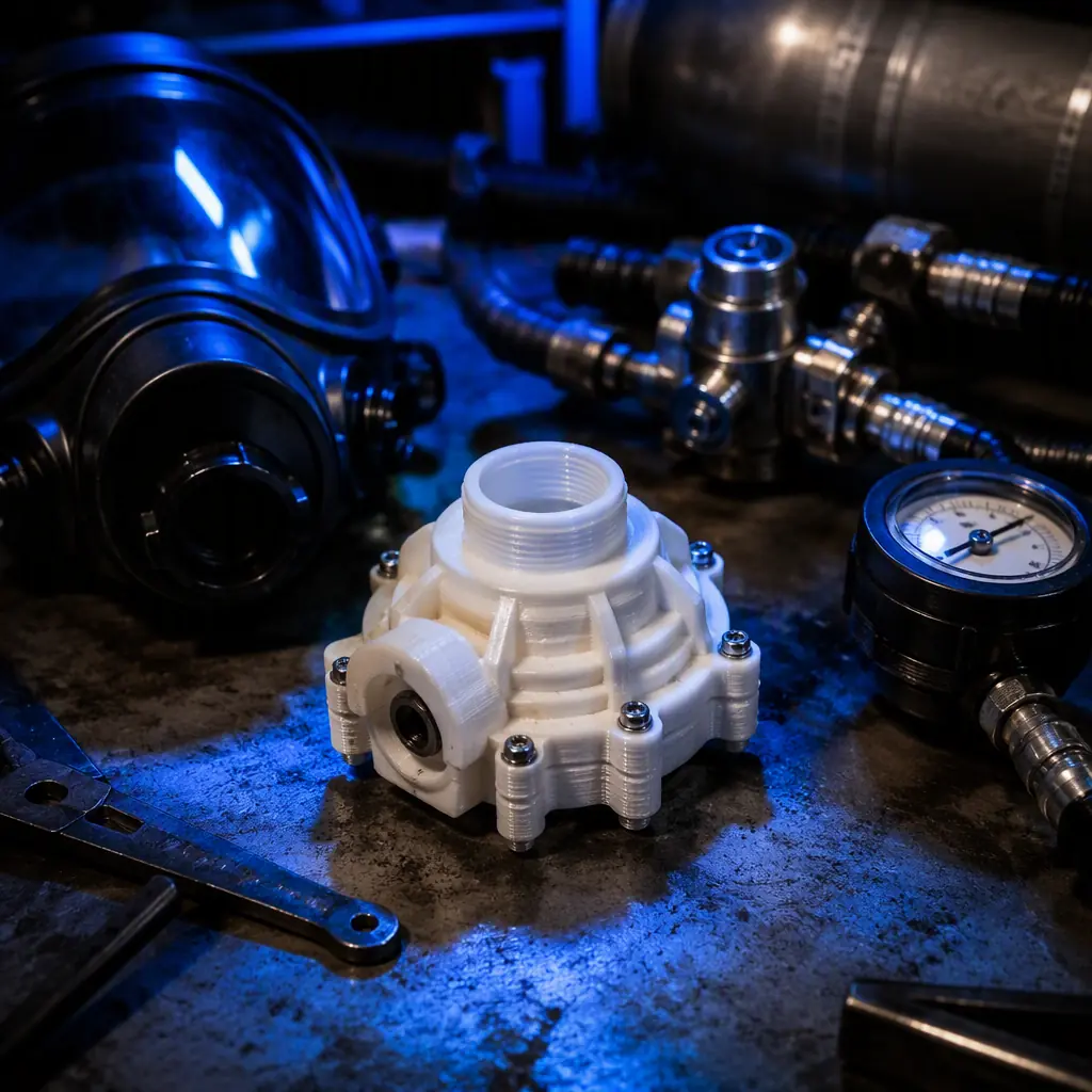 3D printed SCBA regulator housing prototype on a workbench beside breathing apparatus components, dark industrial workshop, electric blue accent lighting, photorealistic macro, no people, no text, no logos
