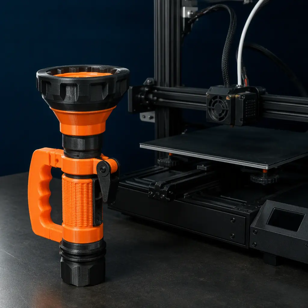 Finished 3D printed firefighting nozzle prototype in orange and black next to an open FDM printer, layer lines visible on the part, industrial workspace, deep navy background, photorealistic, no people, no text, no logos