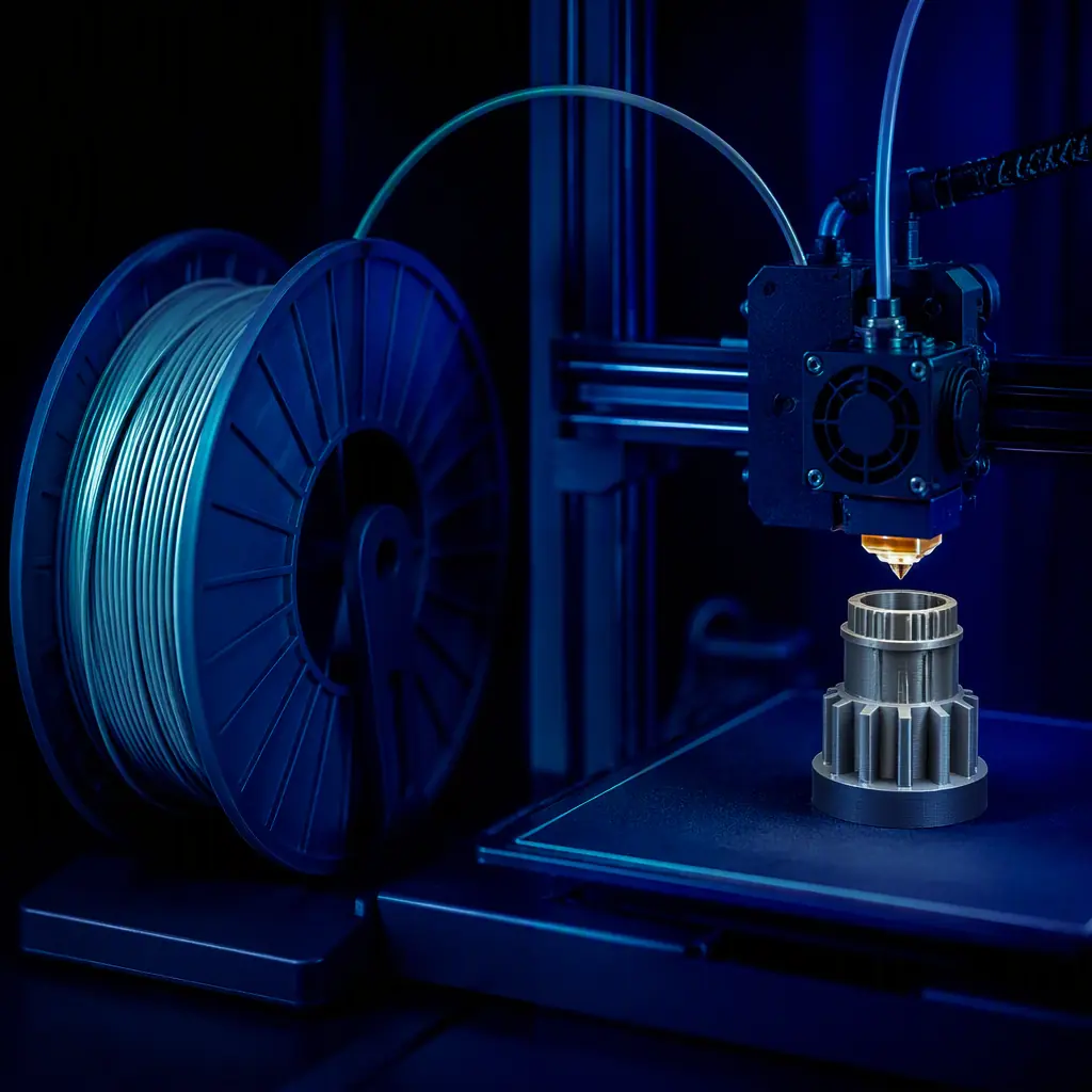 Spool of high-temperature PEEK filament feeding a 3D printer extruder printing a heat-resistant part, thermal-imaging style blue and teal lighting, dark background, photorealistic, no people, no text, no logos