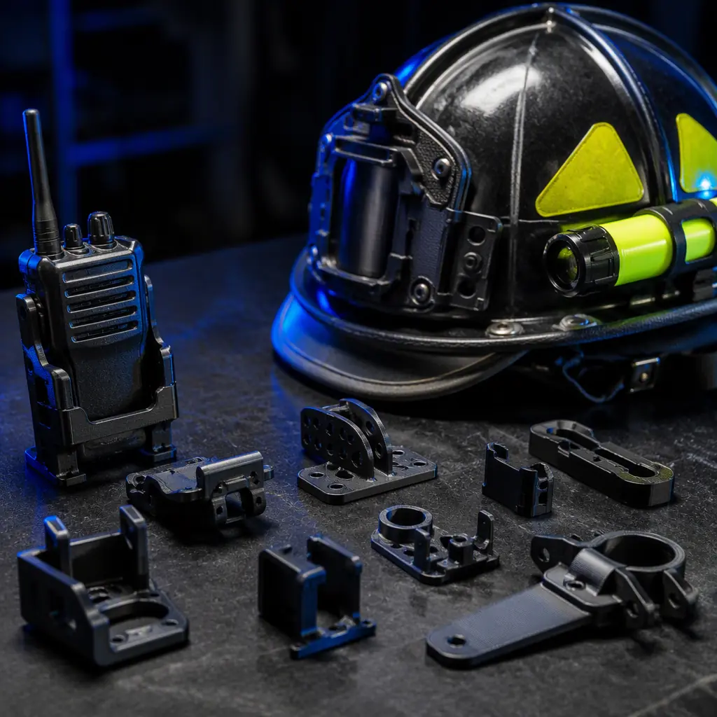 3D printed helmet accessory brackets and radio mounting clips for firefighter helmets arranged on a workbench, dark background with electric blue rim lighting, photorealistic, no people, no text, no logos
