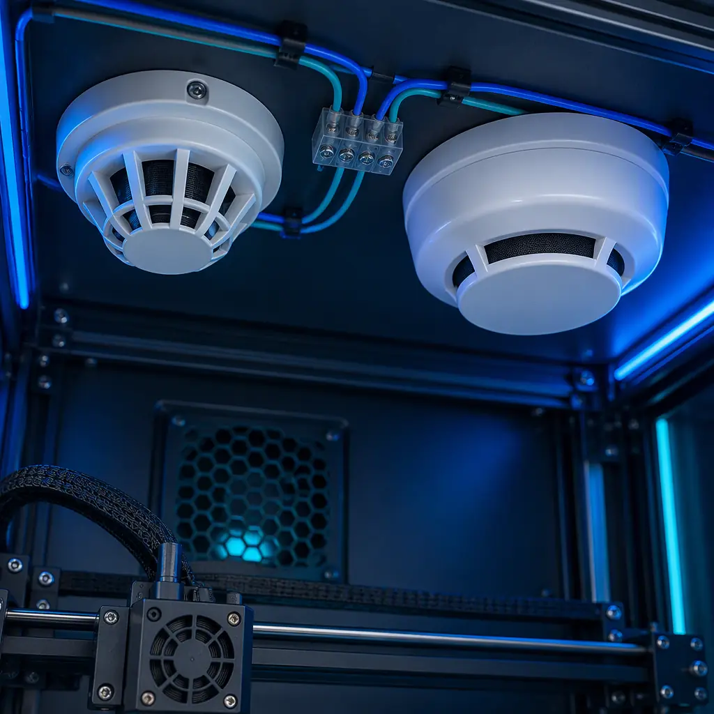 Close-up photograph of a heat detector and a photoelectric smoke detector mounted inside the top of an enclosed 3D printer chamber, wiring visible, industrial lighting