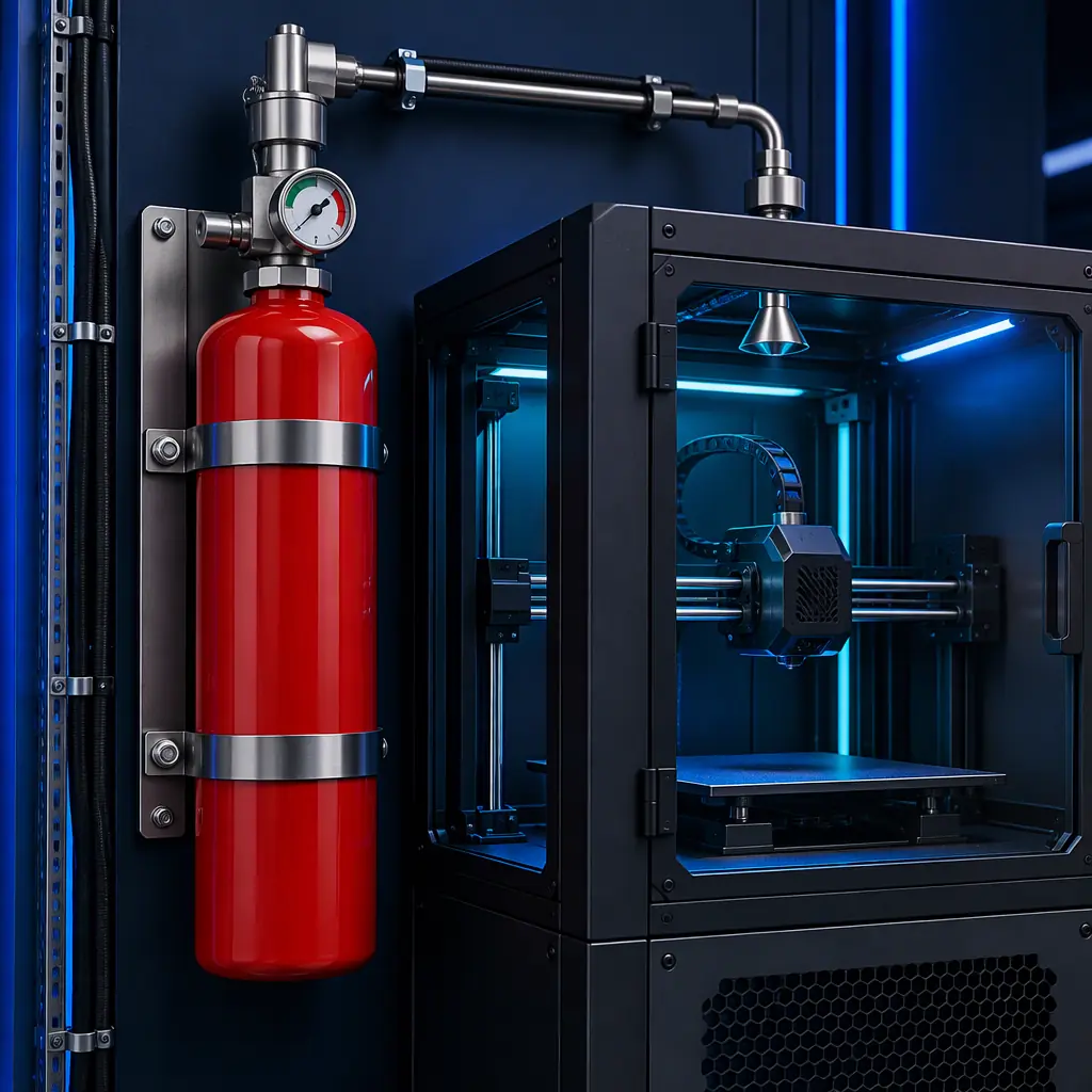 Photograph of a clean agent fire suppression cylinder with pressure gauge and discharge nozzle mounted on a wall beside an enclosed 3D printer, industrial installation
