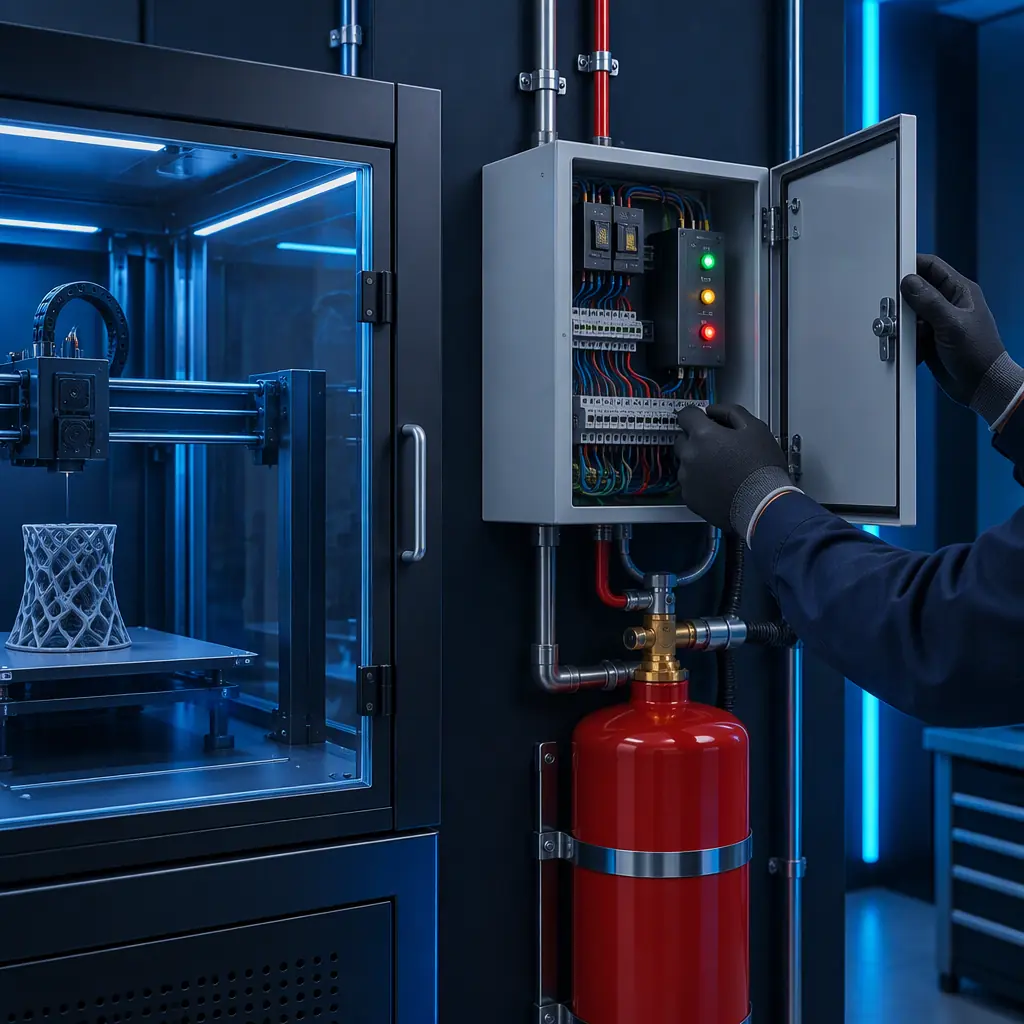Photograph of a technician's gloved hands opening a clean agent suppression control panel during a service inspection, label visible, industrial workshop setting