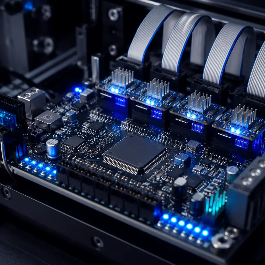 Close-up of 3D printer motherboard with STM32 processor chip visible, LED indicators glowing blue, ribbon cables connecting to stepper drivers, electronics lab setting with dark background