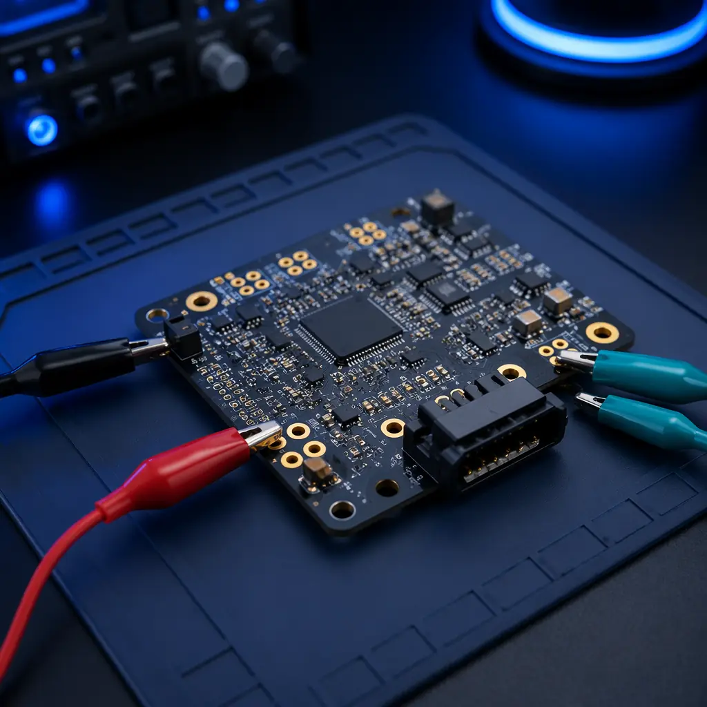 Duet 3 Mini 5+ mainboard on anti-static mat, CAN-FD connector visible, gold contact pads, precision engineering electronics with test leads attached, dark lab environment