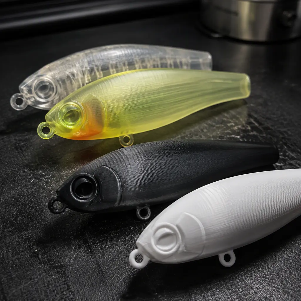 Macro close-up of 3D printed fishing lure bodies in translucent and solid colors with visible layer lines, on a dark workbench, studio lighting, photorealistic, no people, no text, no logos