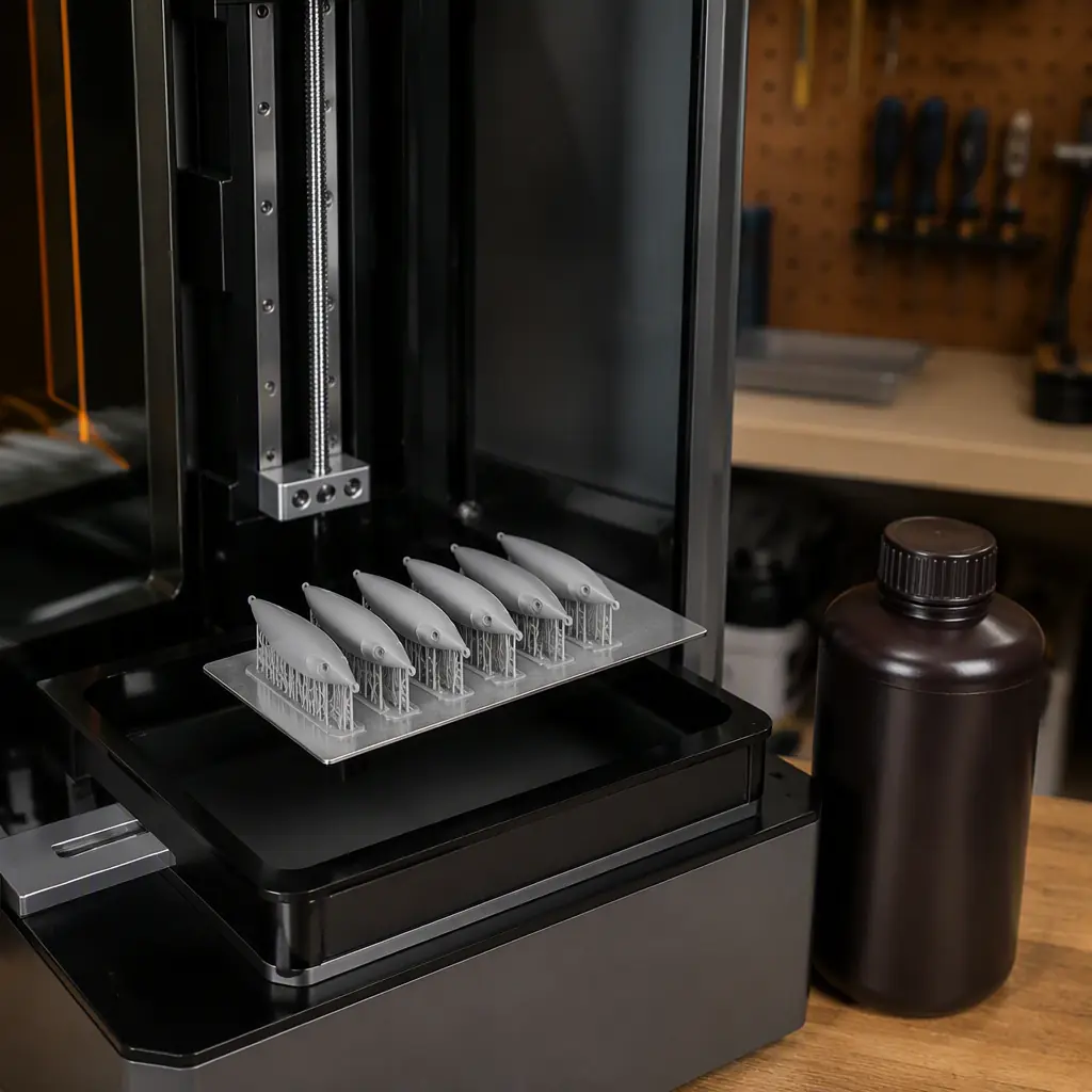 Resin 3D printer with printed lure master patterns on the build plate, photopolymer resin bottle beside it, workshop bench, photorealistic, no people, no text, no logos