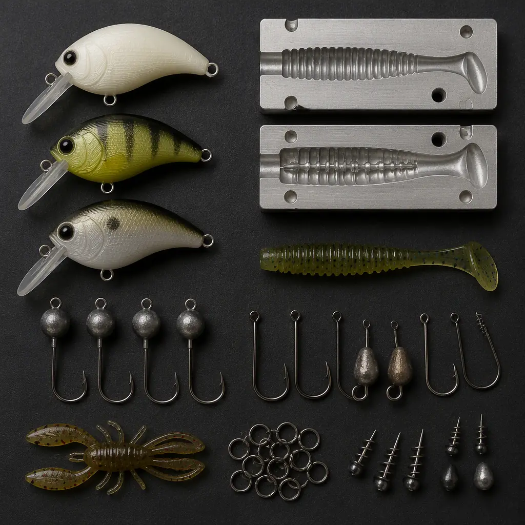 Flat lay of fishing tackle components: 3D printed crankbaits, jig heads, soft bait molds, hooks and split rings on a dark surface, photorealistic, no people, no text, no logos