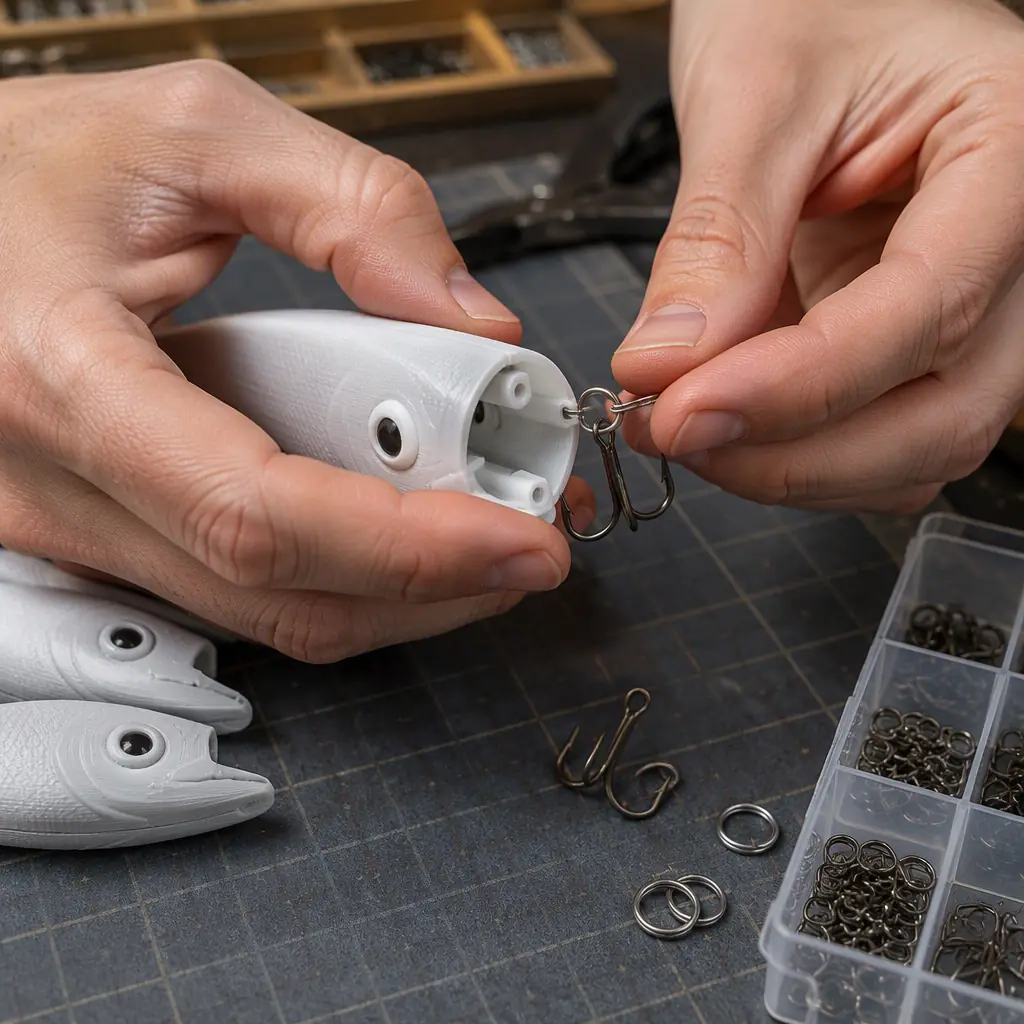 Hands assembling a 3D printed lure body with hooks and split rings at a workbench, hands only no face, photorealistic, no text, no logos