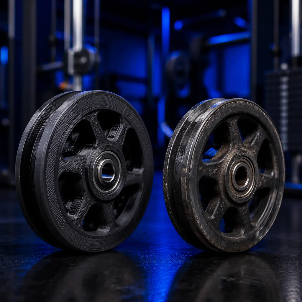 3D printed replacement pulley wheel and bracket for a cable strength machine, laid on a gym floor beside the machine, nylon carbon fiber texture visible, gym lighting, photorealistic, no people, no text, no logos