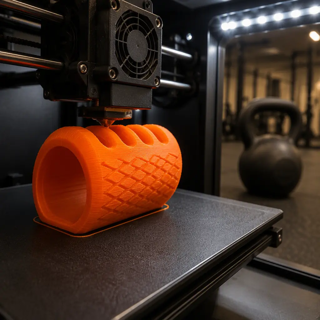 3D printer printing a TPU kettlebell grip sleeve, flexible orange rubber part emerging from the nozzle, gym equipment in background, LED-lit print chamber, photorealistic, no people, no text, no logos