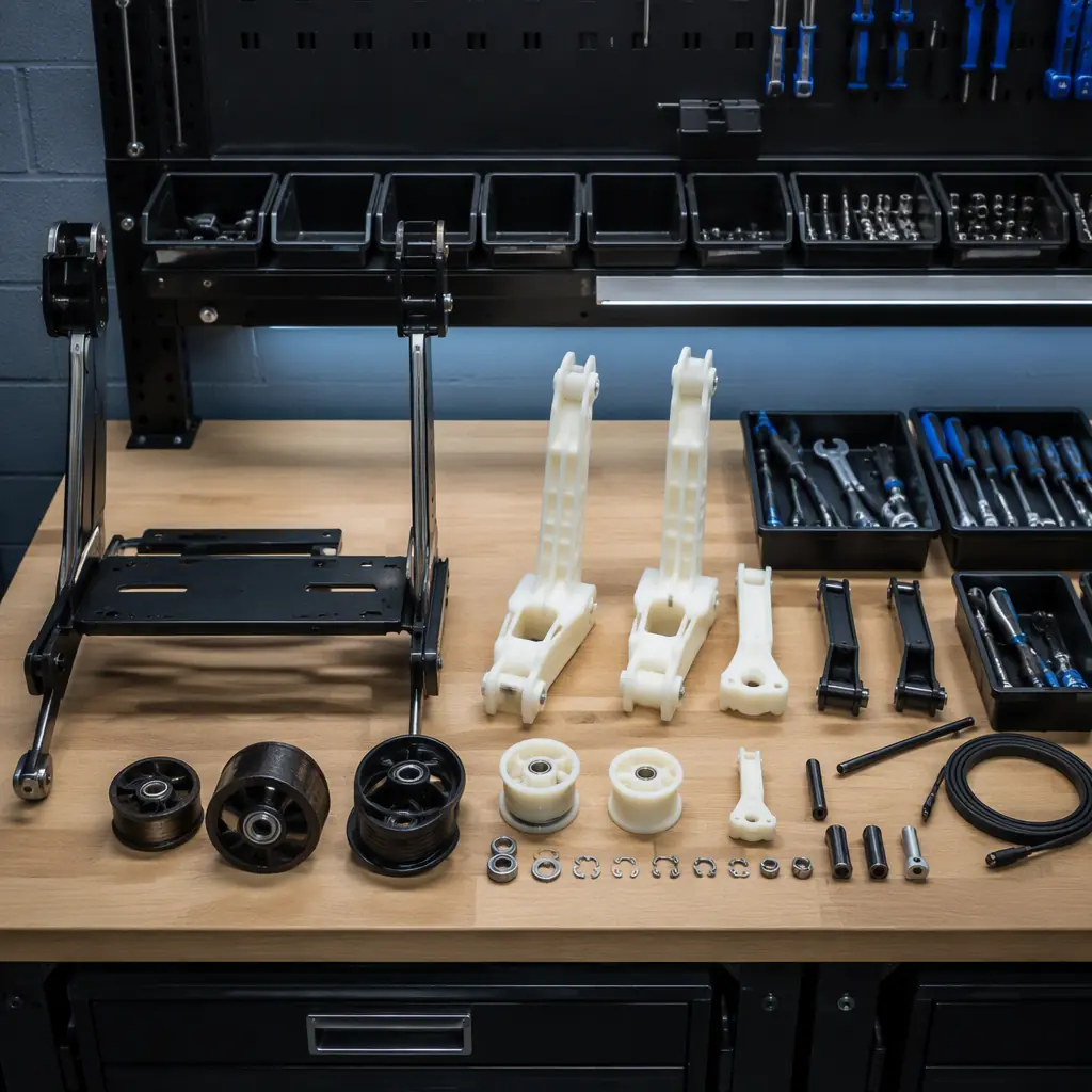 Gym maintenance bench with treadmill console bracket and pulley parts laid out, 3D printed nylon parts beside OEM metal parts, organized tool trays, workshop lighting, photorealistic, no people, no text, no logos