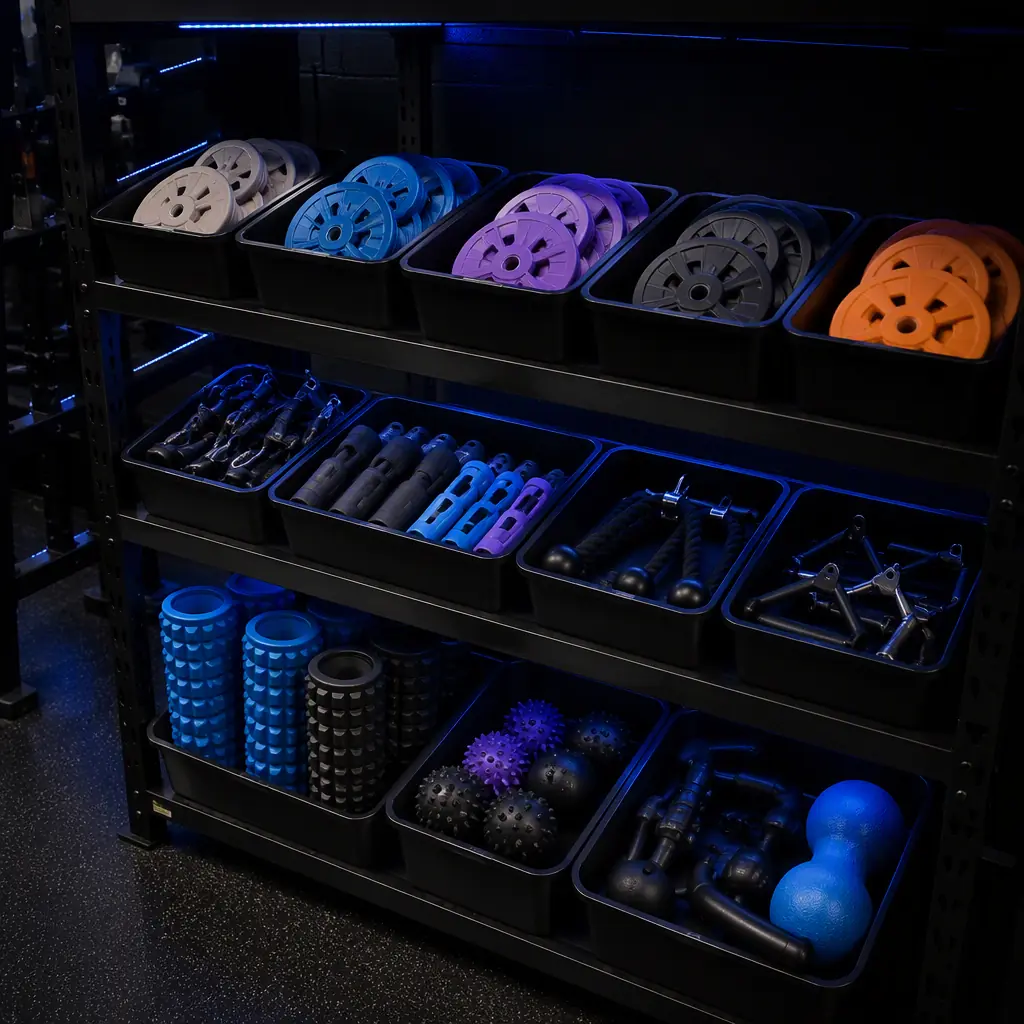 Shelf of 3D printed fitness accessories, fractional plates, grip sleeves, cable attachments and mobility tools organized in bins, gym floor background, product photography, photorealistic, no people, no text, no logos