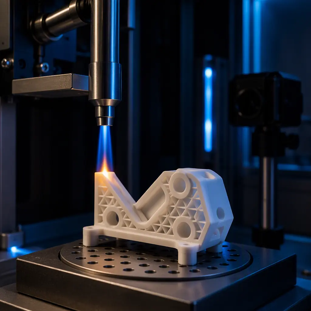 Close-up of a 3D printed flame-retardant part on a test rig with a laboratory flame source, blue accent lighting